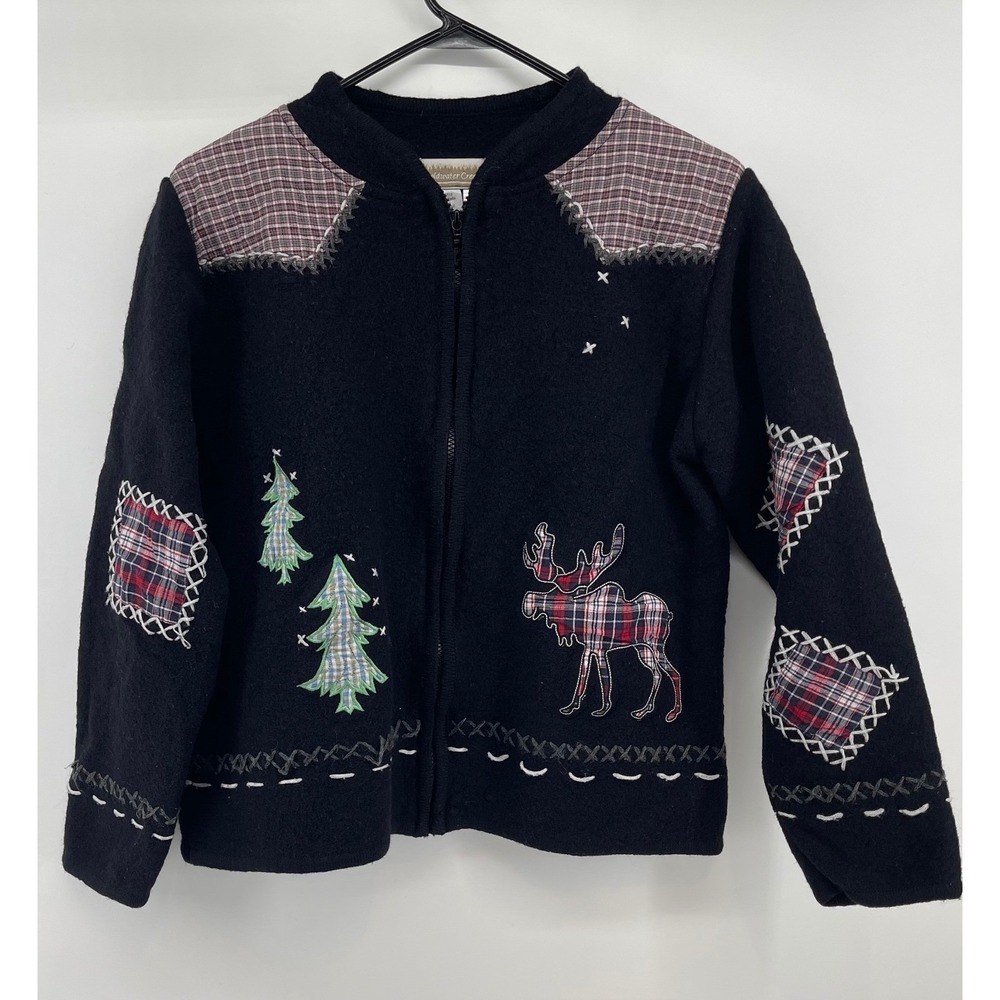 Coldwater Creek Wool Jacket Womens L‎ Black Excellent Plaid Moose Patchwork Zip